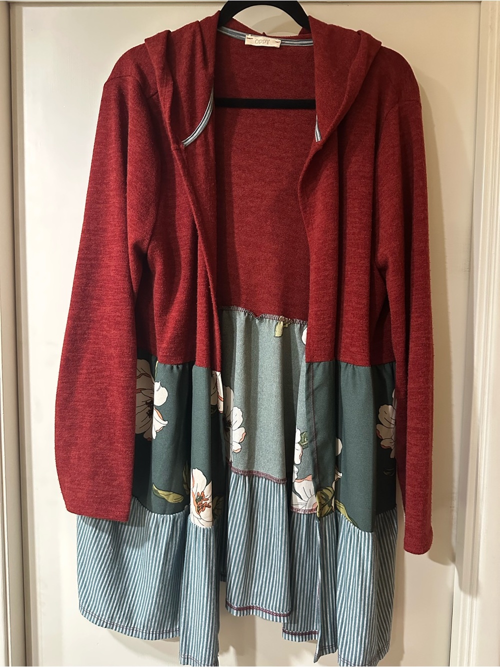ODDY Red Hooded Mixed-Fabric Open Cardigan with Color Block Panels